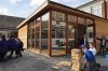 Children playing outside their new Learning Escape staff room at Whitehill school